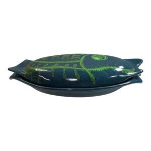 Vintage GLIDDEN Mid Century Modern Pottery 412 Teal Green Fish Covered Oval Dish